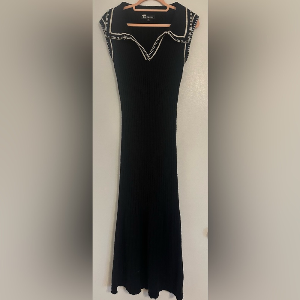 En Saison Black Maxi Sweater Dress with White Accents